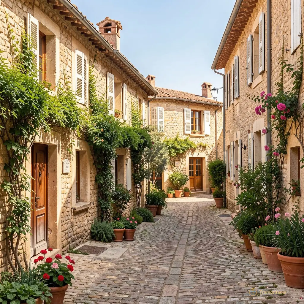 Ruelle pavée typique de Saint-Génis-des-Fontaines montrant les façades anciennes et la végétation méditerranéenne