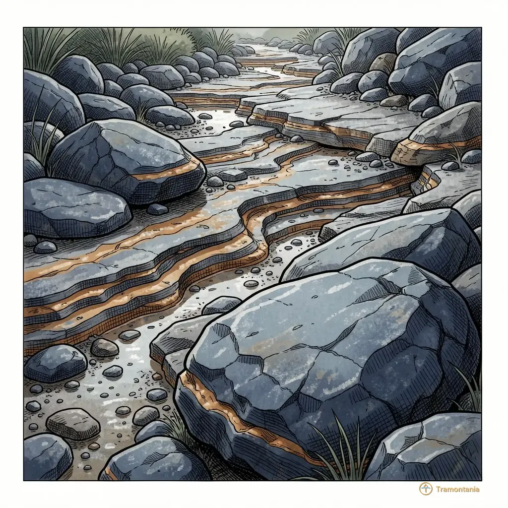 De vieilles pierres fluviales et couches sédimentaires sont visibles sur un chemin naturel aux teintes bleues et grises