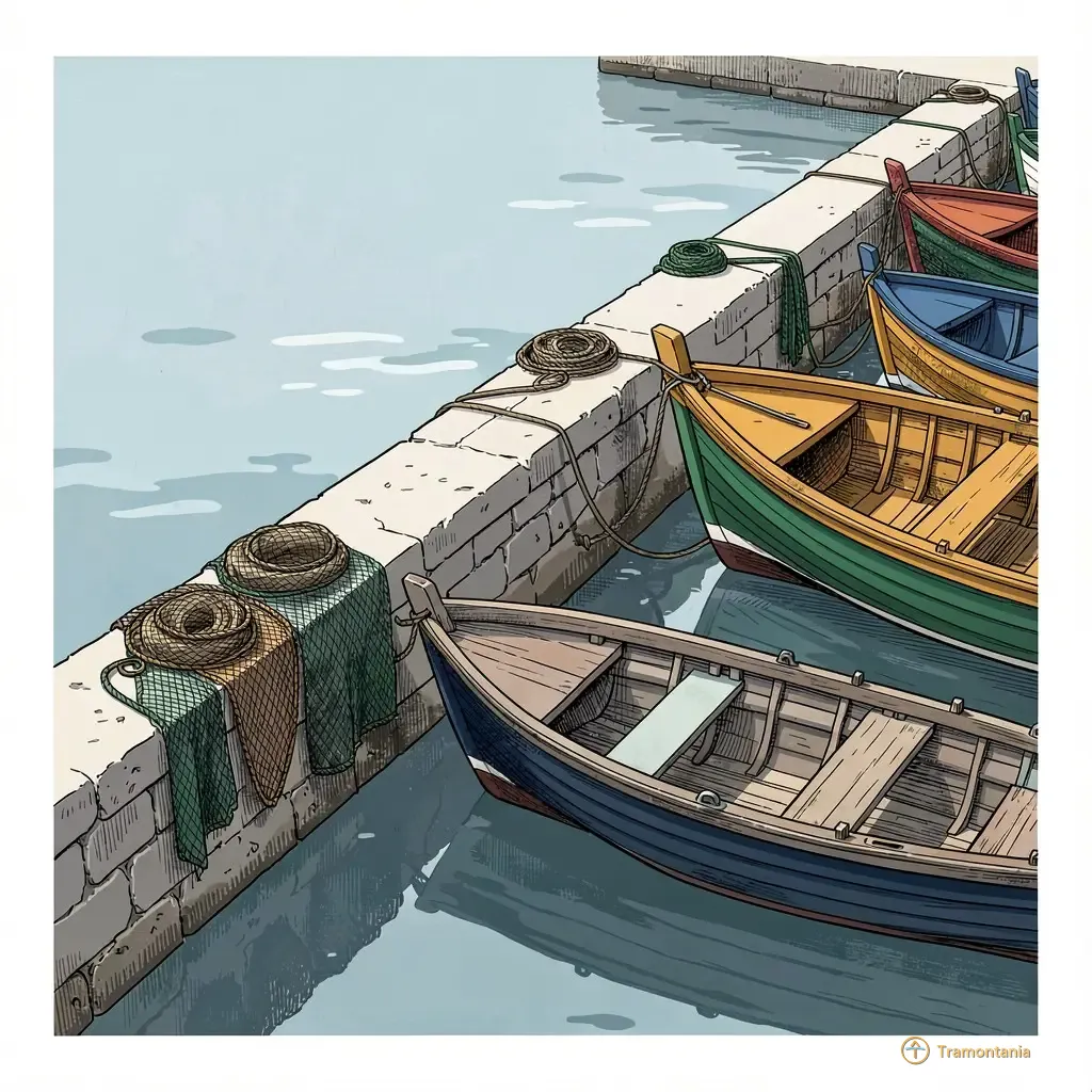 Le quai et les bateaux amarrés à midi présentent la géométrie des jetées en pierre rejoignant l'eau avec des filets séchant sur le bord