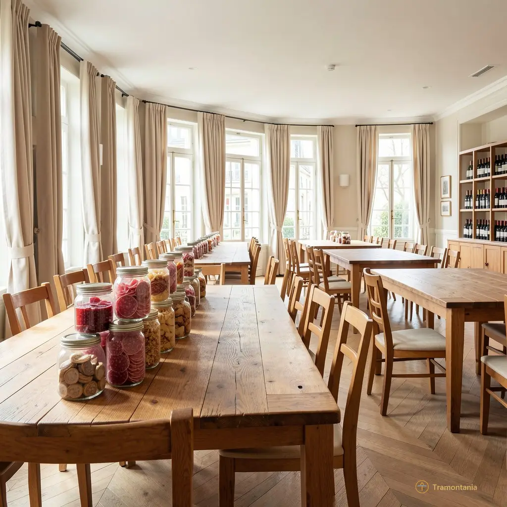 Plan large de la salle de dégustation à la Maison Lambert, tables en chêne, bocaux de charcuterie alignés, lumière naturelle filtrée par les rideaux