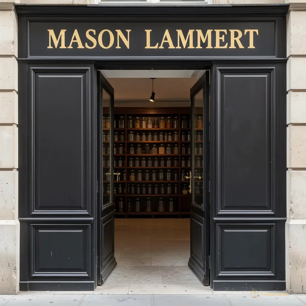 Détail du panneau d’entrée de la Maison Lambert, lettres dorées sur fond noir, porte entrouverte révélant un mur de bocaux