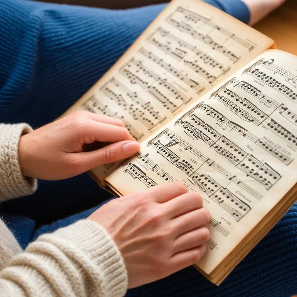 Close-up of weathered hands holding open sheet music with musical notes visible, resting on the lap of someone wearing a casual sweater.