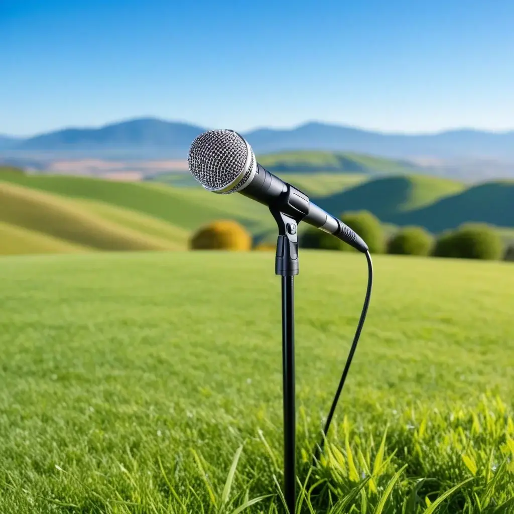 Detail shot of a microphone stand on the grass with a blurred background of blue sky and distant hills.