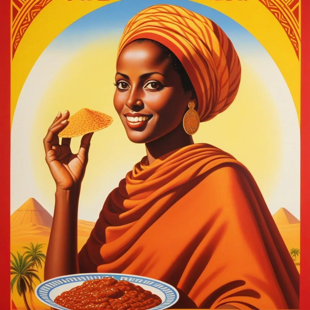 Affiche rétro colorée des années 1970, style « Travel Ethiopia » : une femme en habillé traditionnel tisse de l’injera au soleil couchant, tandis qu’une marmite fume dans le fond. Au-dessus : “DORO WAT — L’ÉPICE QUI REND LES GENS HUMAINS”. En bas, un petit texte amusant : “Attention : risque élevé de pleurer, rire, et vouloir apprendre l’amharique.”