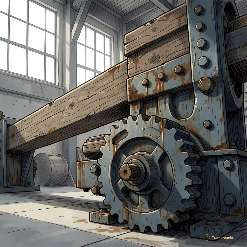 Close up on a section of heavy wooden machinery beams and cast iron gears inside an industrial building structure in Port-Vendres. The light filters through high windows, highlighting the patina of oil and rust on the metal surfaces, viewed from ground level.