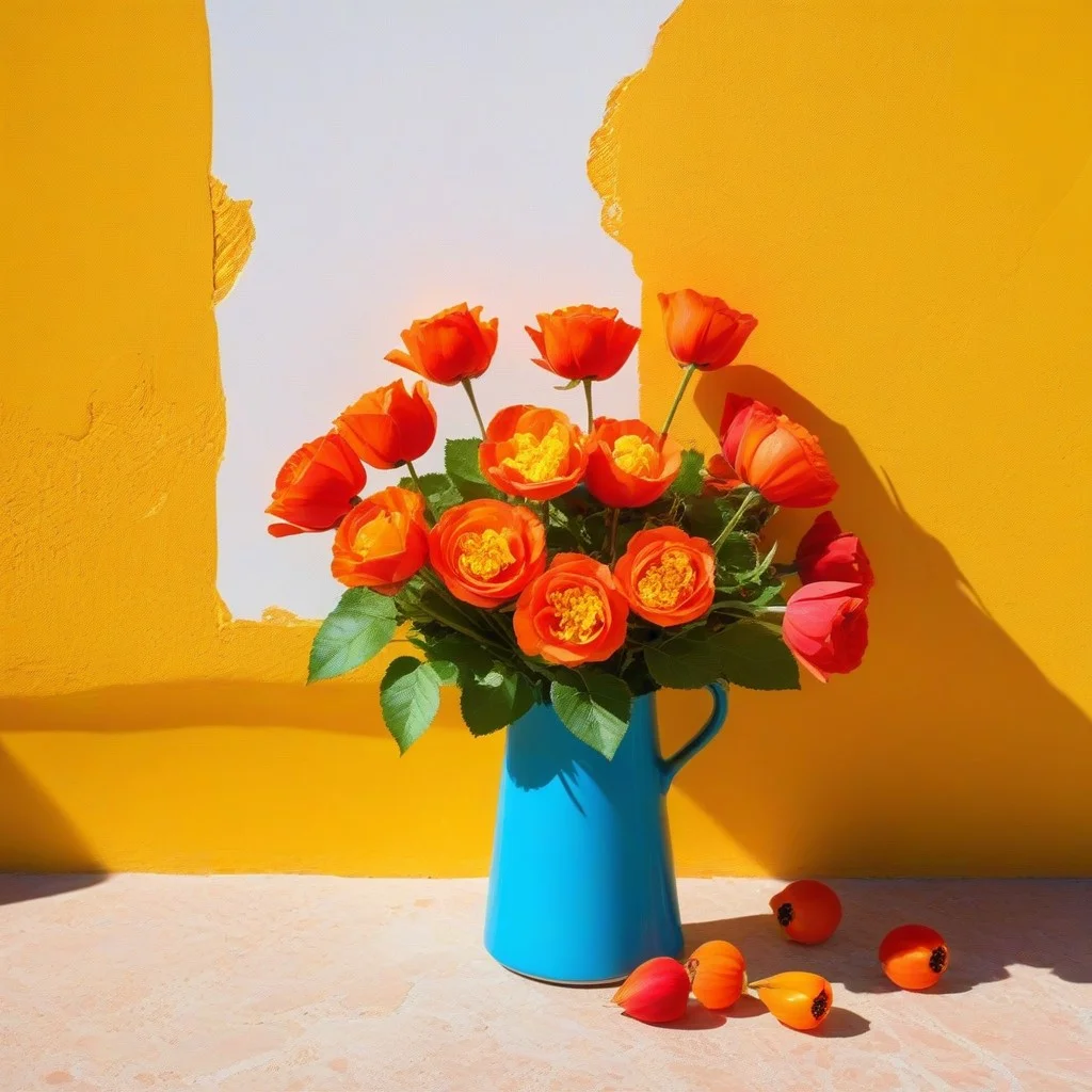 Un pinceau posé sur une toile en cours, laissant une traînée douce de rose pâle qui se fond dans le blanc. À côté, un petit bouquet de fleurs sauvages — coquelicots et immortelles — glissé entre deux feuilles de papier journal. Une ombre de main vient juste d’effleurer la peinture fraîche, comme pour tester la texture. Le soleil d’août filtre à travers les volets, dessinant des rayures dorées sur le sol en ciment.