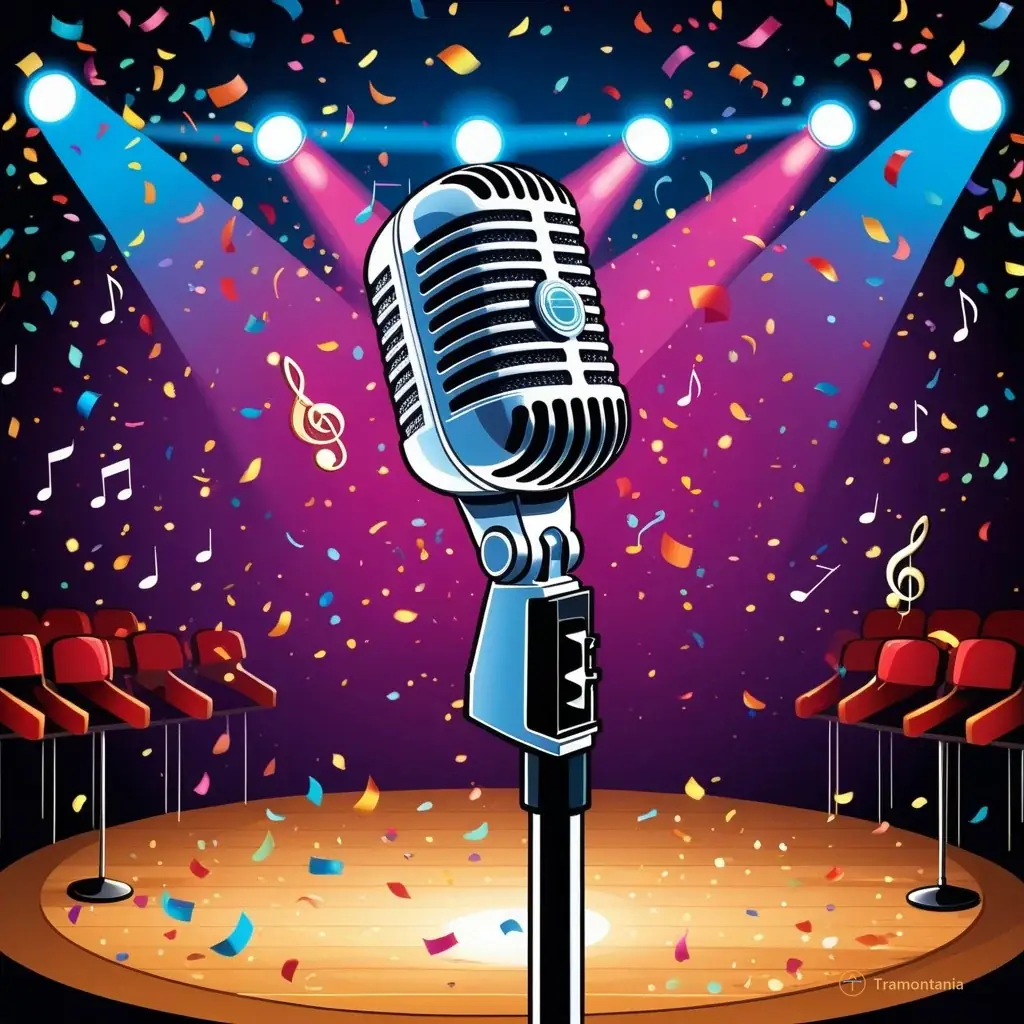A close-up comic-style illustration of a vintage microphone stand on stage, surrounded by floating musical notes and small spotlights, with confetti in the background suggesting a live concert atmosphere.