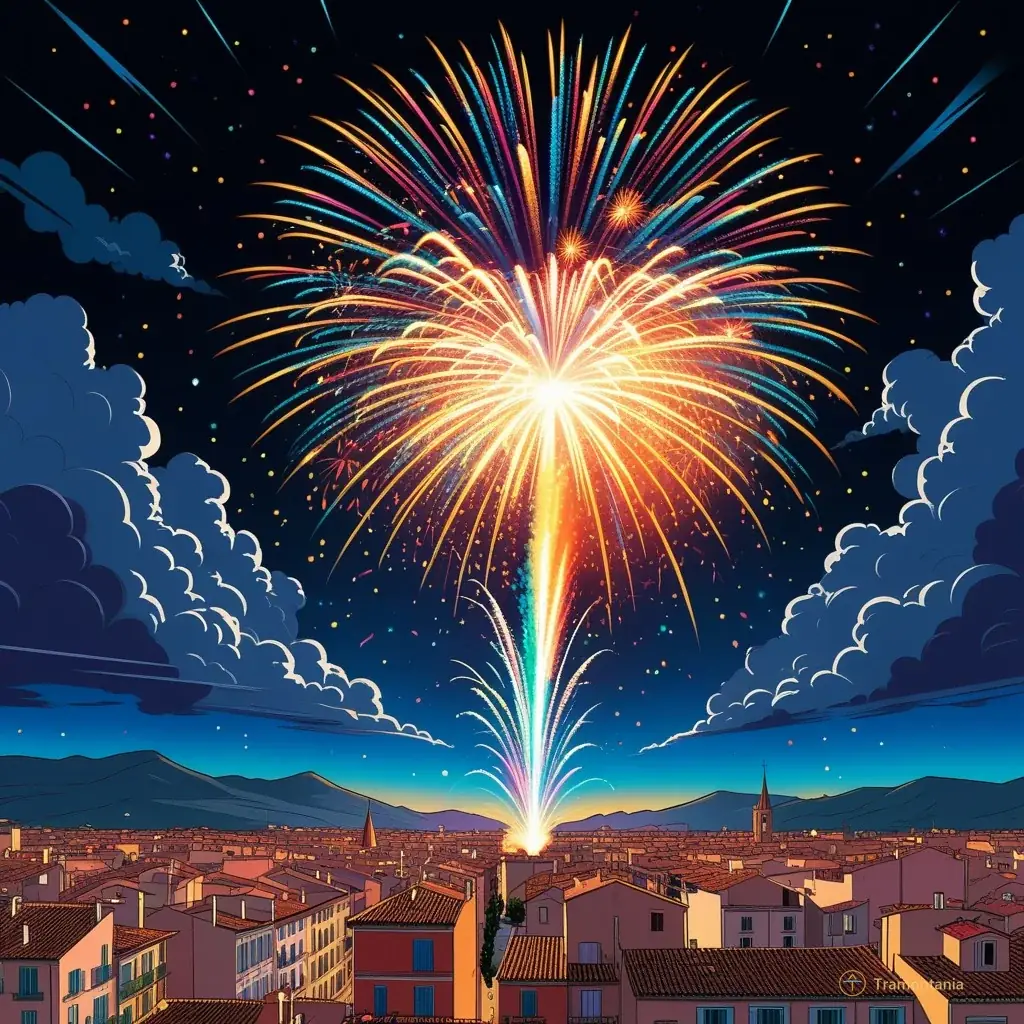 A detailed comic-style illustration of a spectacular firework exploding in the night sky above Perpignan's rooftops, with colorful sparks and smoke trails illuminating the dark clouds, viewed from street level looking up.