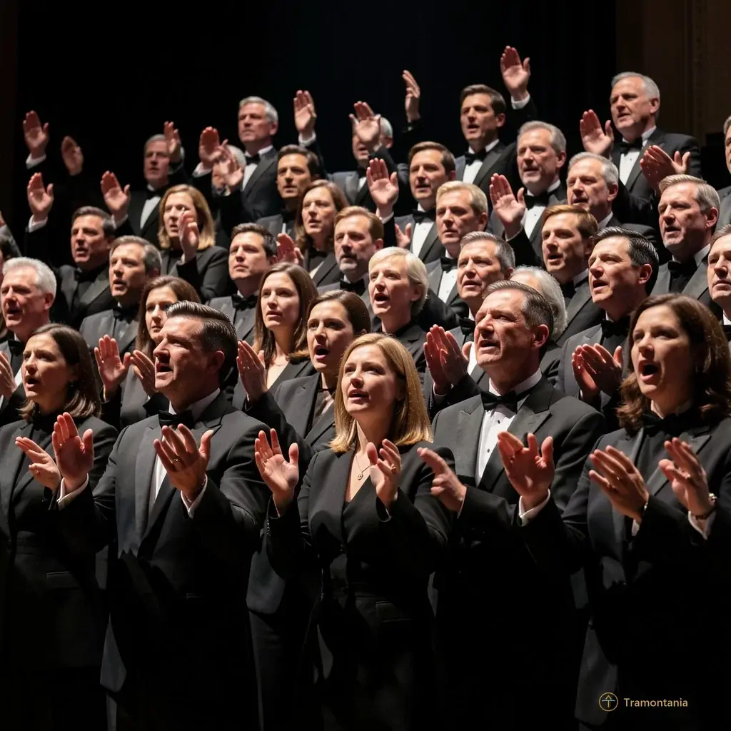 Close-up artistic rendering of 200 choristers on stage in formal black attire, hands raised slightly as if conducting the air, with dramatic spotlighting creating deep shadows and highlighting their expressive faces