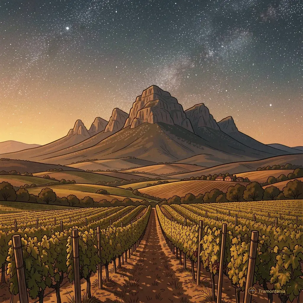 A nostalgic, warm-toned illustration of a generic Roussillon landscape featuring the silhouette of the Canigou mountain in the background and vineyards in the foreground under a starry night sky
