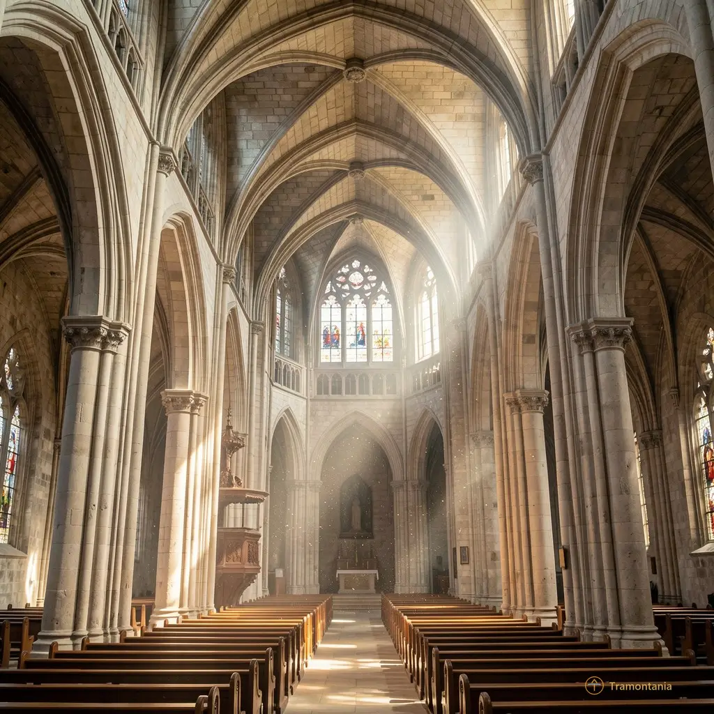 Interior view of the Gothic church of Notre-Dame-la-Réal, highlighting stone arches and dust motes dancing in shafts of light