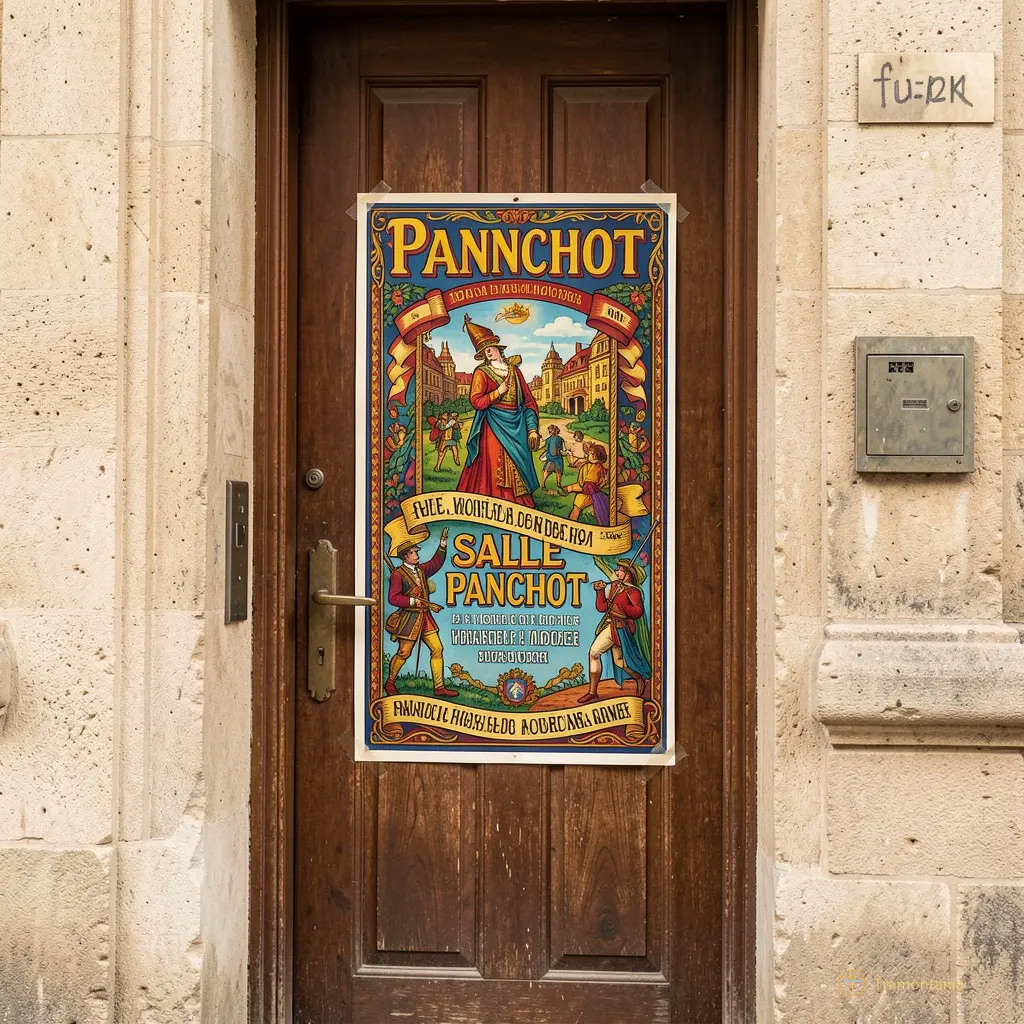 Une affiche colorée et traditionnelle apposée sur la porte d'entrée de la salle Panchot annonçant l'événement