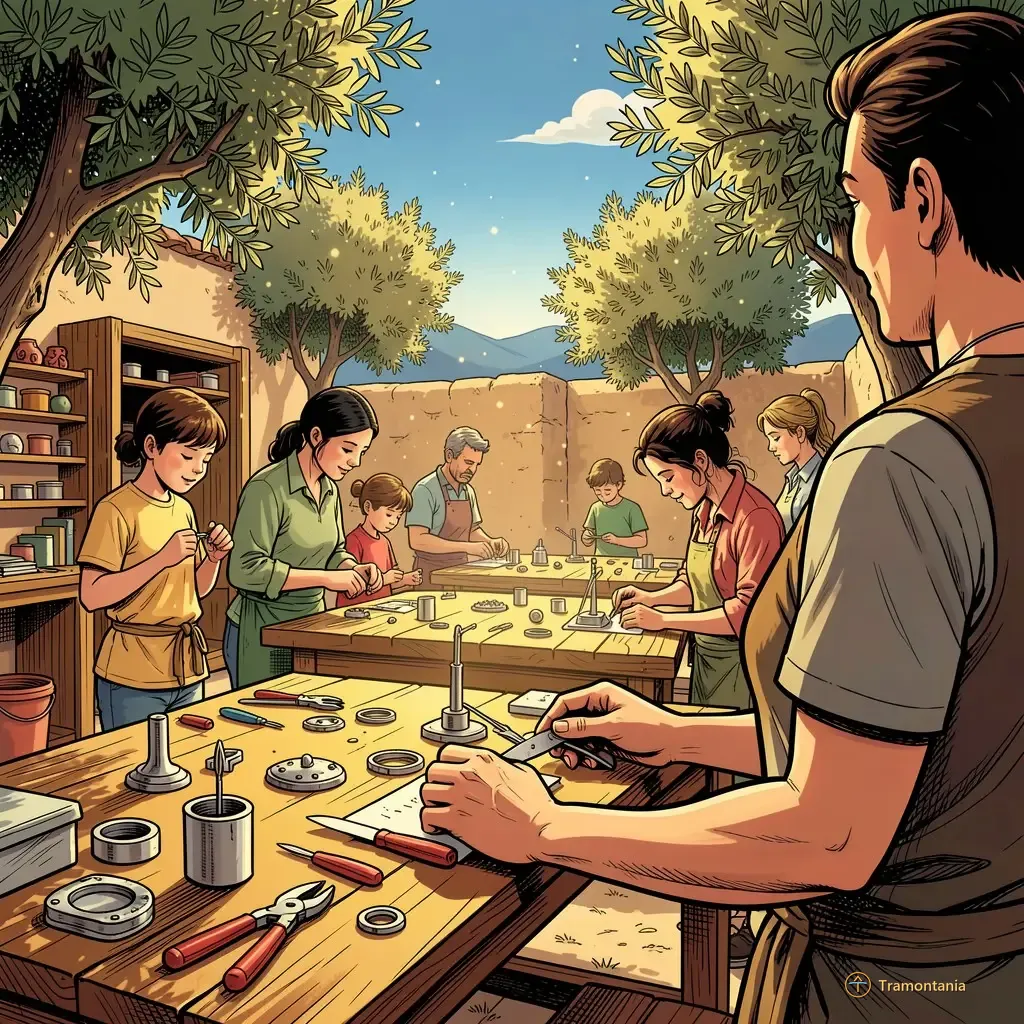 Un espace d'atelier extérieur montre plusieurs tables en bois où adultes et enfants fabriquent des petits modèles ou objets métalliques
