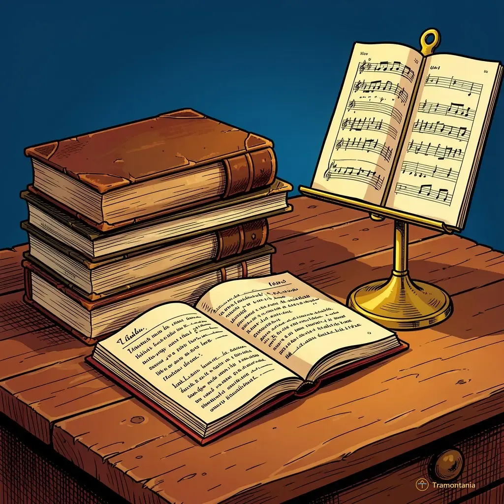 A close-up, slightly elevated view of a stack of old books and leather-bound notebooks resting on an ornate wooden table in the back room (not visible from the main stage). The detail focuses on the texture of aged paper and rich wood grain; soft ambient light filters through a nearby doorway opening.