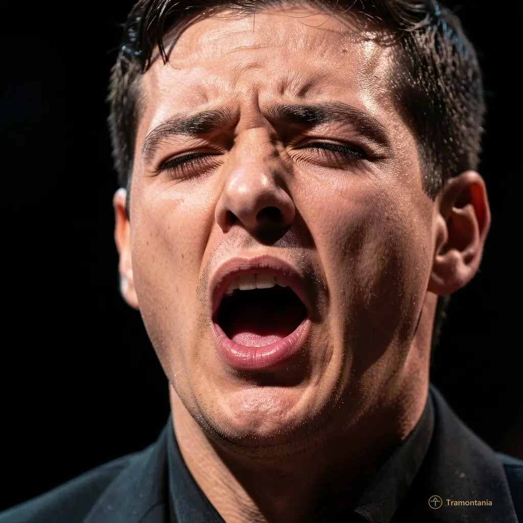 Gros plan sur le visage concentré d'un choriste en train de chanter avec intensité, éclairage dramatique latéral