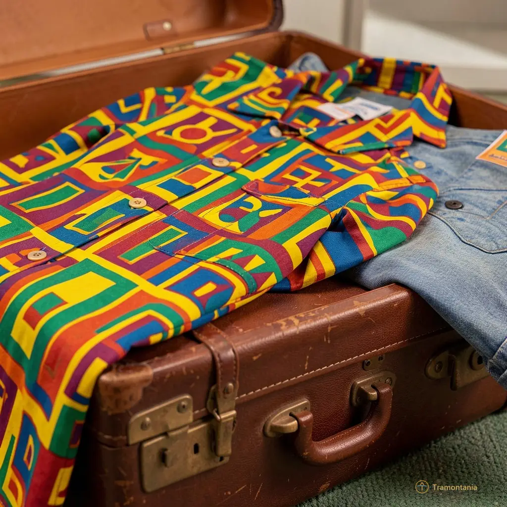 Gros plan sur des costumes colorés à motifs géométriques années 70 posés sur une valise vintage