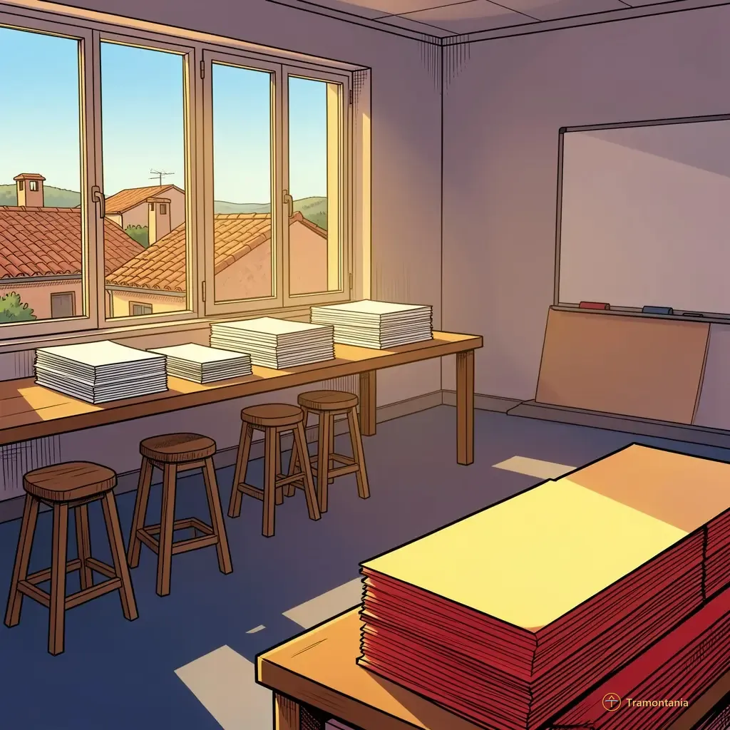Un atelier vide de perpignanais montre sur une table latérale plusieurs piles de feuilles blanches posées près de tabourets simples