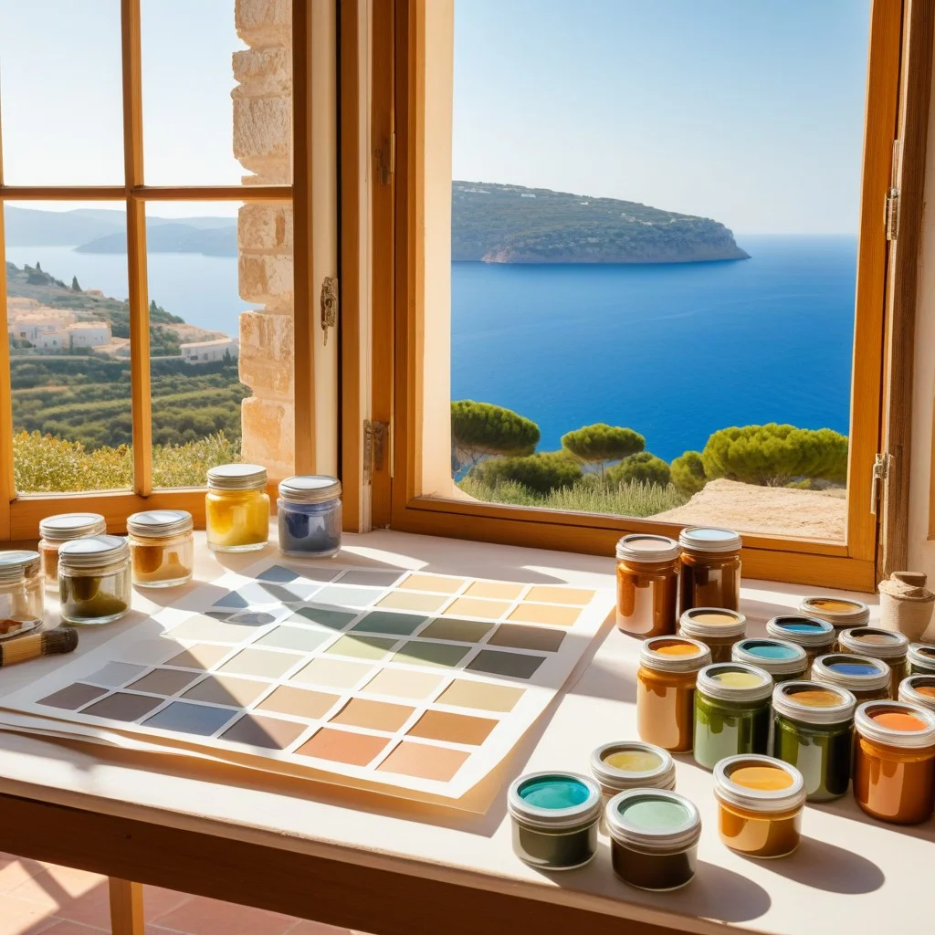 A wide shot of a workshop table covered in watercolor papers and small jars of earth-toned paints, with a view of a sunlit Mediterranean landscape through an open window in the background.