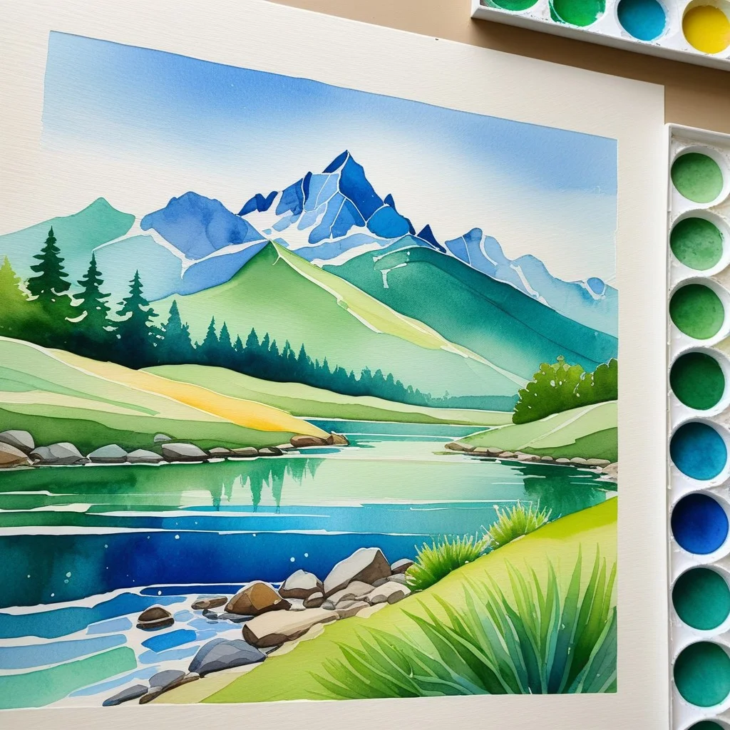 Detail of a watercolor painting in progress on textured paper, showing soft washes of blue and green representing a distant mountain range, with a water-stained glass of water beside it.