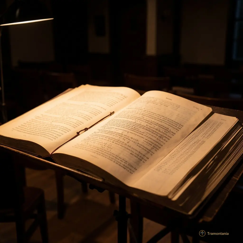 Gros plan sur les partitions ouvertes illuminées par une lumière chaude, contrastant avec l'obscurité de la salle