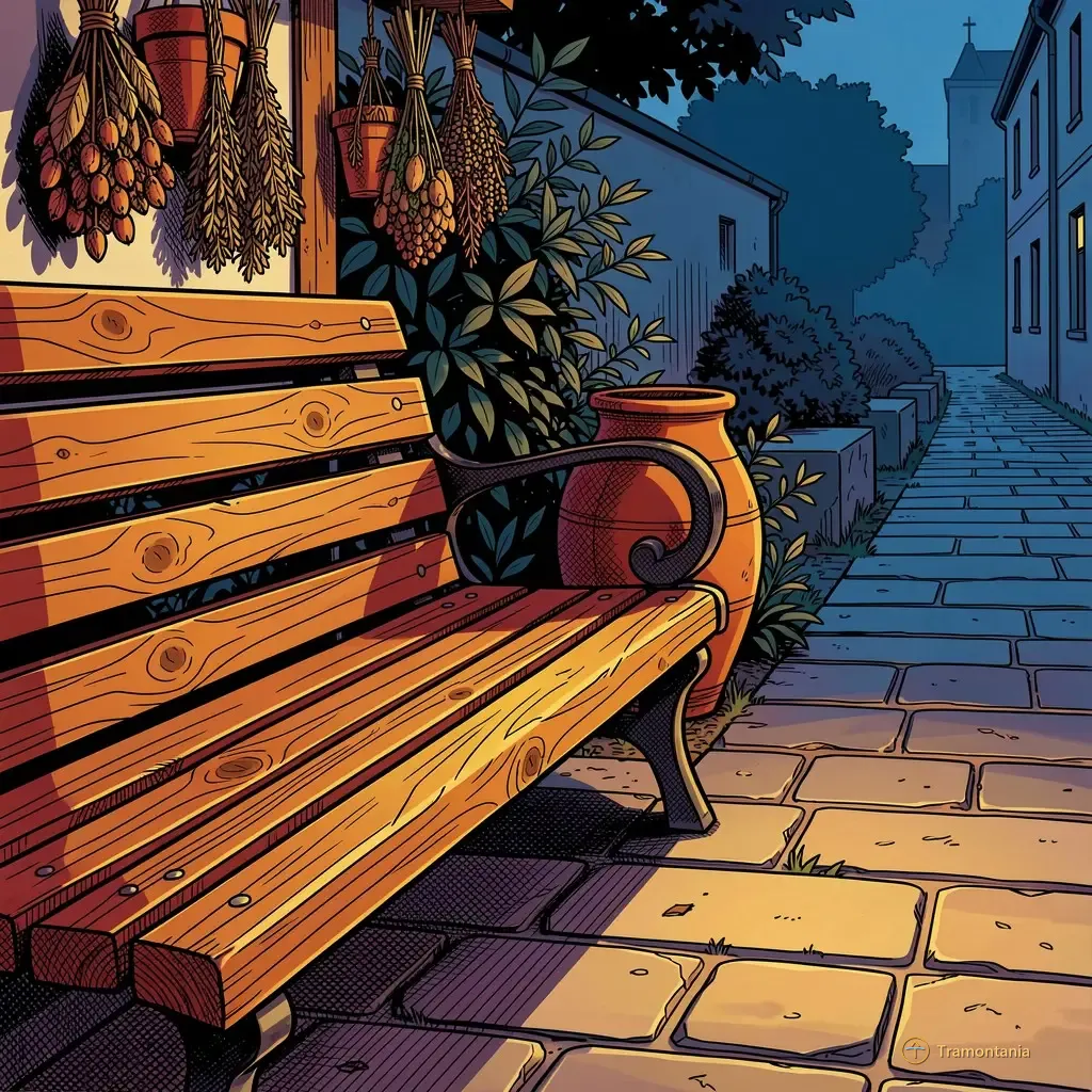 Une banquette en bois avec de petits objets décoratifs, tels que des pots en terre cuite ou des herbes séchées, ornent un chemin urbain au crépuscule