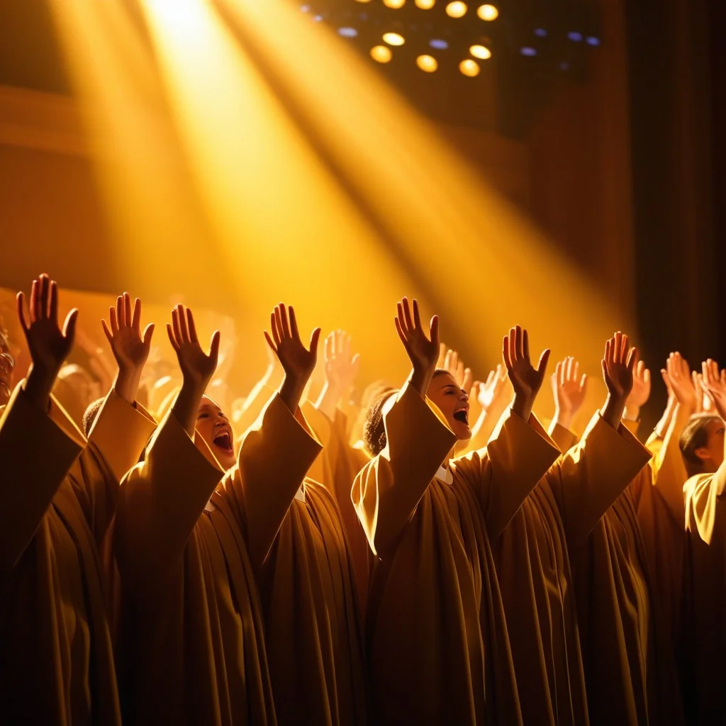 A close-up of a choir's hands raised high in the air, illuminated by a sudden burst of golden spotlight. The fabric of their robes ripples with the intensity of the music, conveying pure, uncontained emotion.