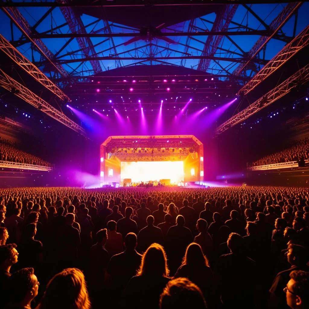 A dynamic low-angle shot of the audience from behind, silhouetted against the bright, chaotic glow of the stage. The crowd is a sea of heads, united in a single, powerful moment of collective euphoria.
