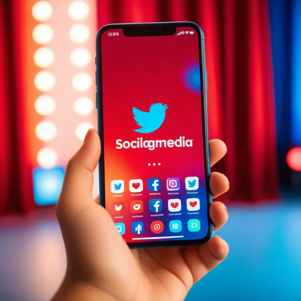 A close-up of a hand holding a smartphone displaying social media icons like Instagram and TikTok against a soft-focus background of colorful stage curtains in reds and blues. The screen glows brightly, symbolizing the digital connection between the artist and her engaged online community known as 'La Clique'.