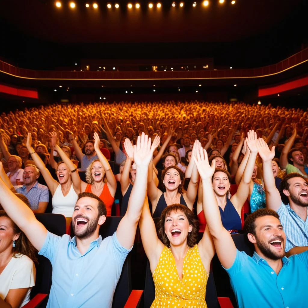 A vibrant mid-shot of an audience in a theater clapping enthusiastically. The focus is on raised hands and joyful expressions from behind the heads of other spectators, capturing the electric energy and communal spirit typical of live humor performances at venues like the Palais des Congrès de Perpignan.