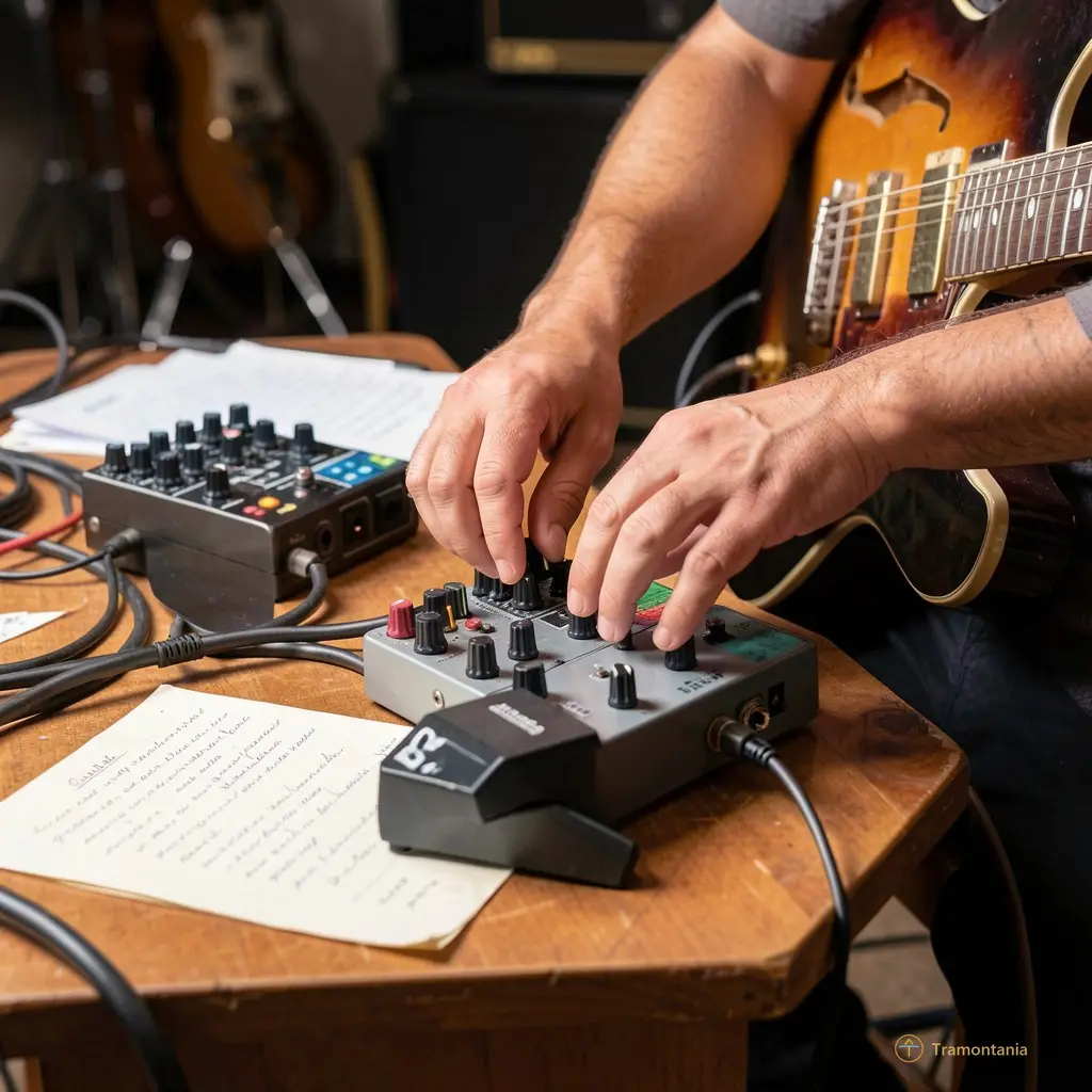 Gros plan sur les mains d'un guitariste électro ajustant des pédales d'effet à côté d'une table posant des feuilles de papier manuscrit