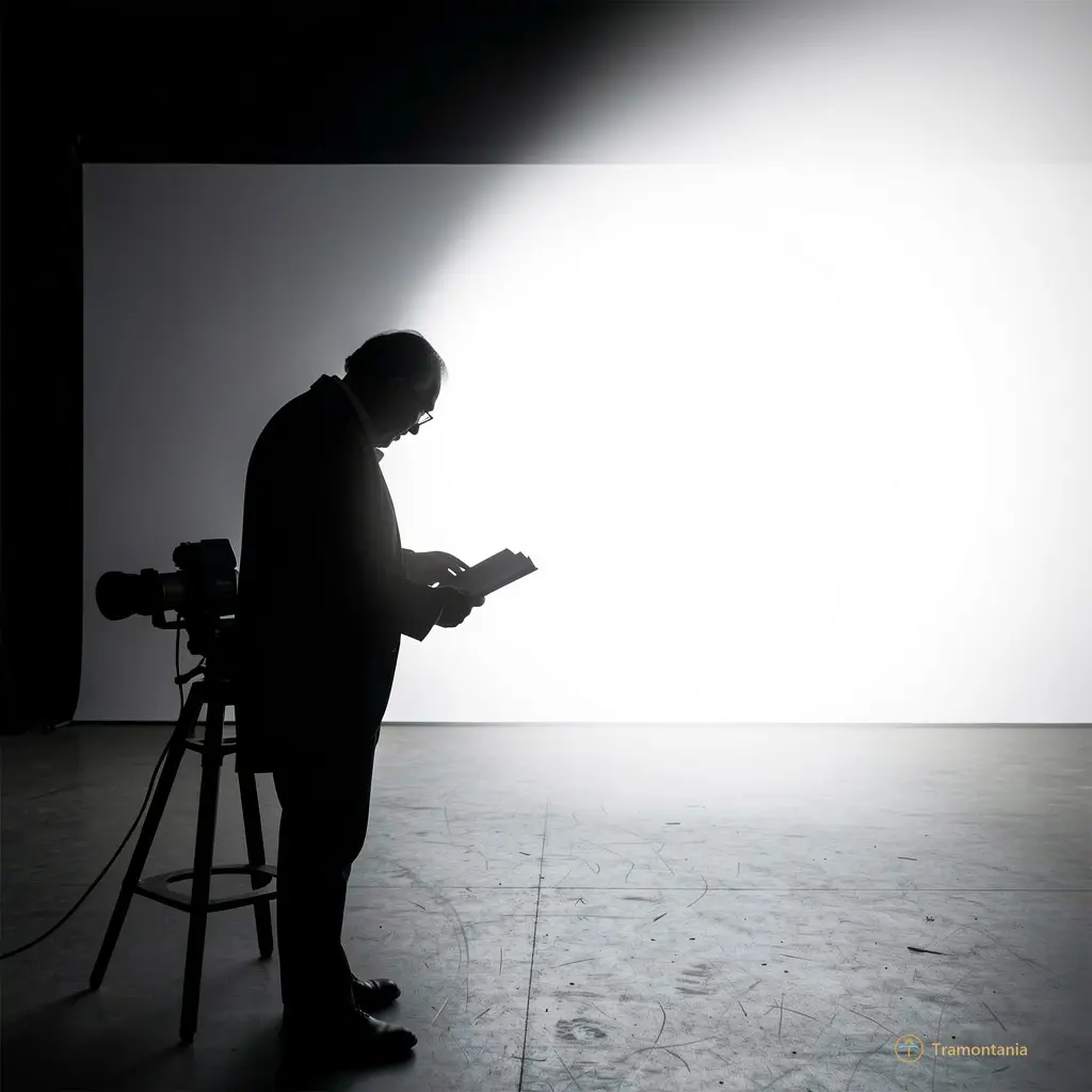 Silhouette d'un auteur lisant intensément dans un projecteur blanc intense face au vide de la scène