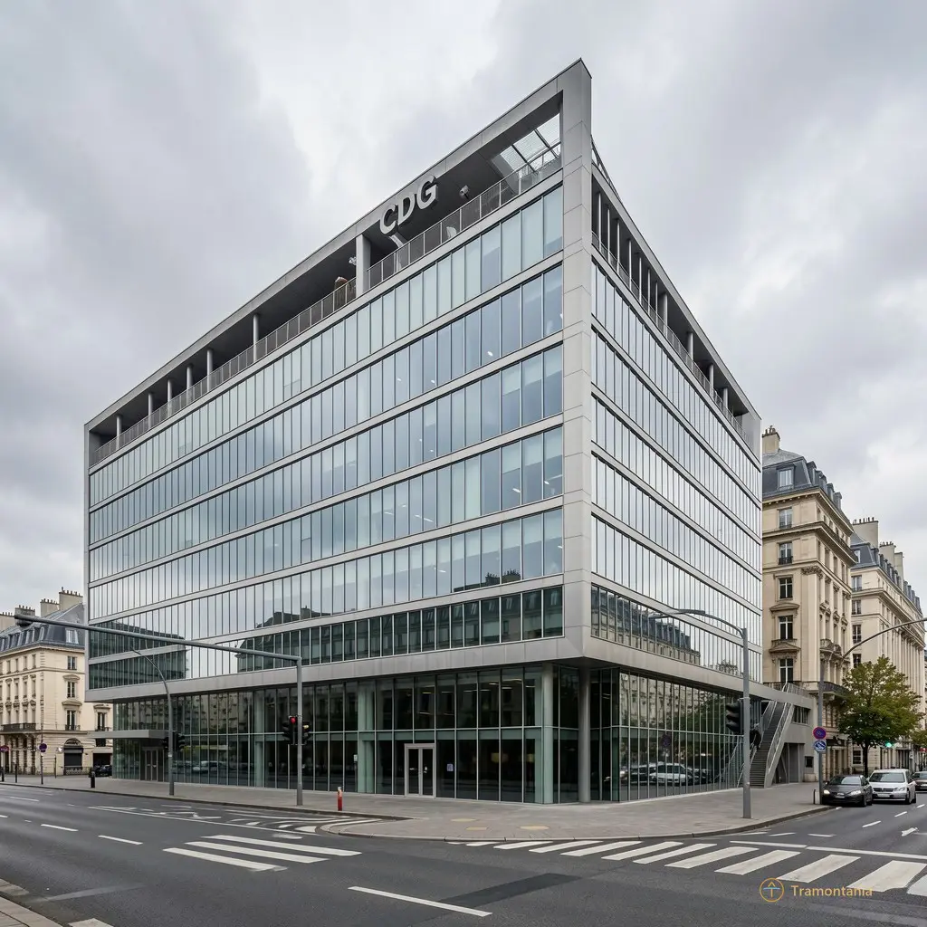 Wide shot of the modern facade of the CDG building on Boulevard Saint Assiscle under a grey sky