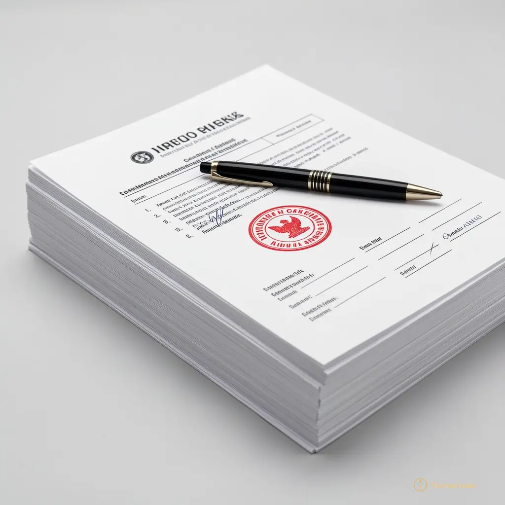 Stack of official files with a red stamp and a pen resting on top