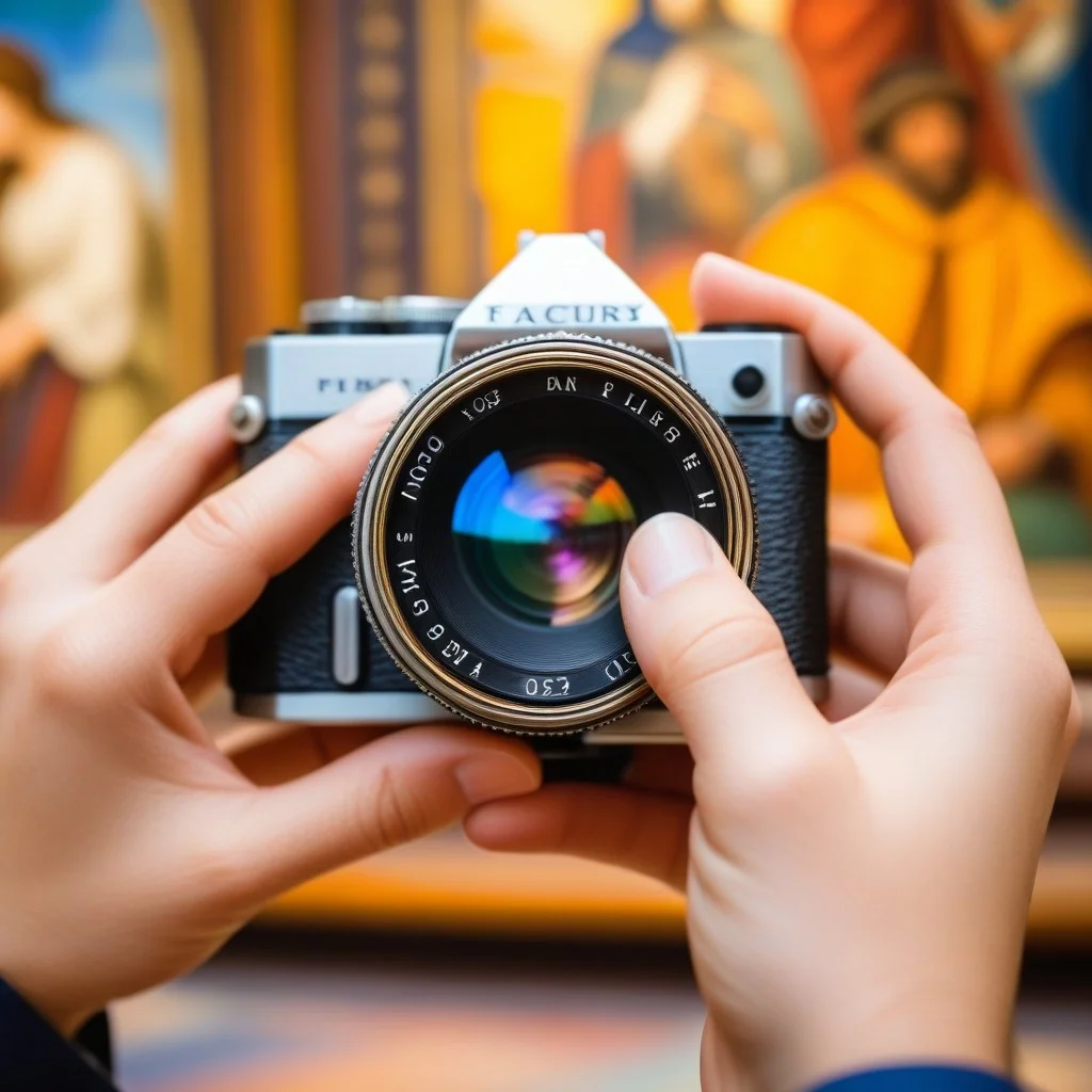 Close-up of hands adjusting the focus ring of a vintage camera lens, with a blurred background of colorful medieval frescoes, highlighting the tactile connection between the photographer and the art.