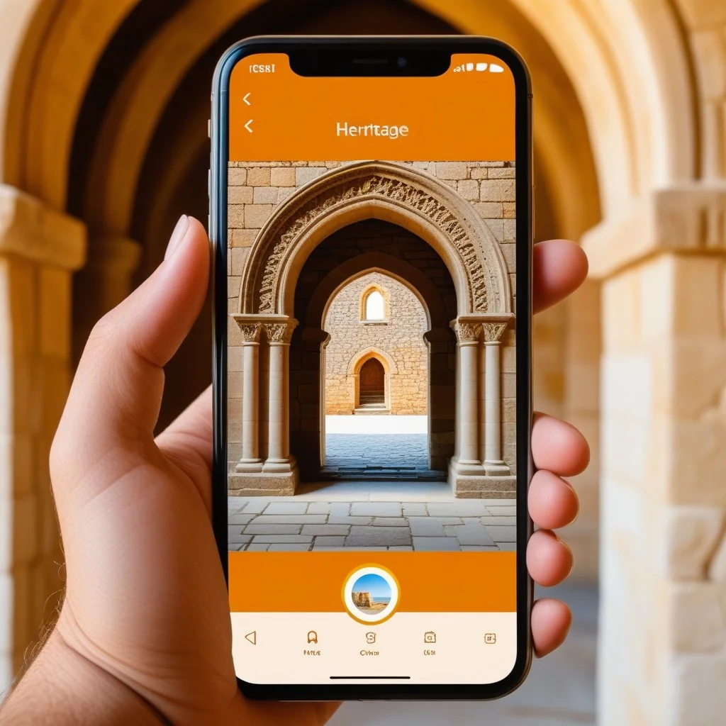 Detail shot of a smartphone screen displaying a photo of a stone archway, held by a hand with a simple ring, reflecting the warm tones of the interior, symbolizing the digital capture of heritage.