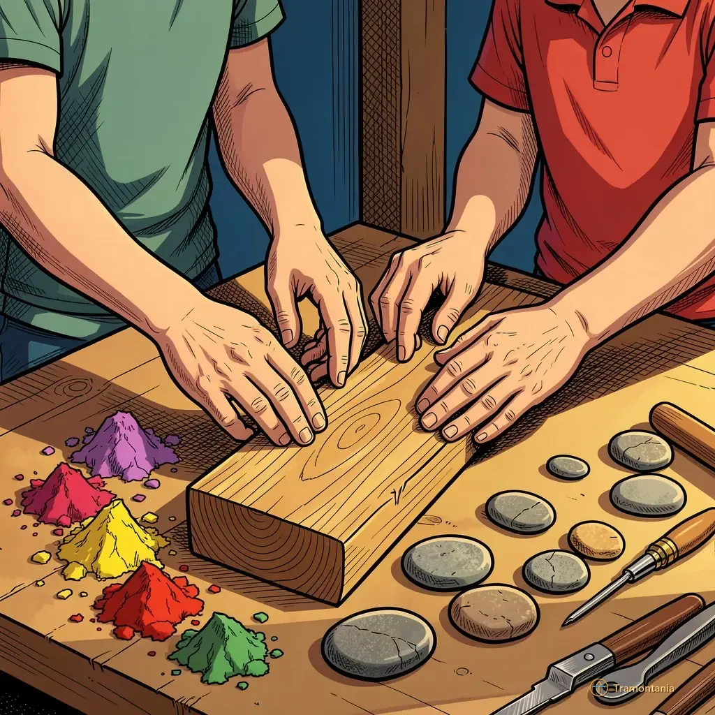 Une table d'atelier présente des pigments colorés, diverses galets et une pièce de bois brut devant les mains examinant l'assemblage