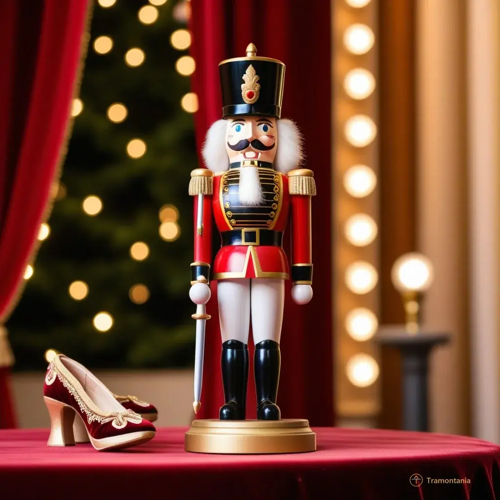 Close up of a vintage wooden nutcracker soldier figurine standing on a velvet pedestal in front of blurred stage lights and ballet shoes, festive holiday detail.