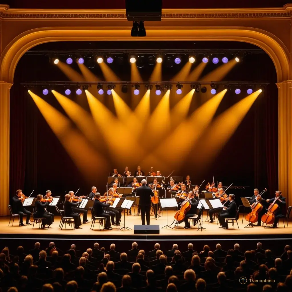Live shot of the Budapest Festival Orchestra on stage with musicians playing violins and cellos under warm golden spotlights, dynamic performance atmosphere.