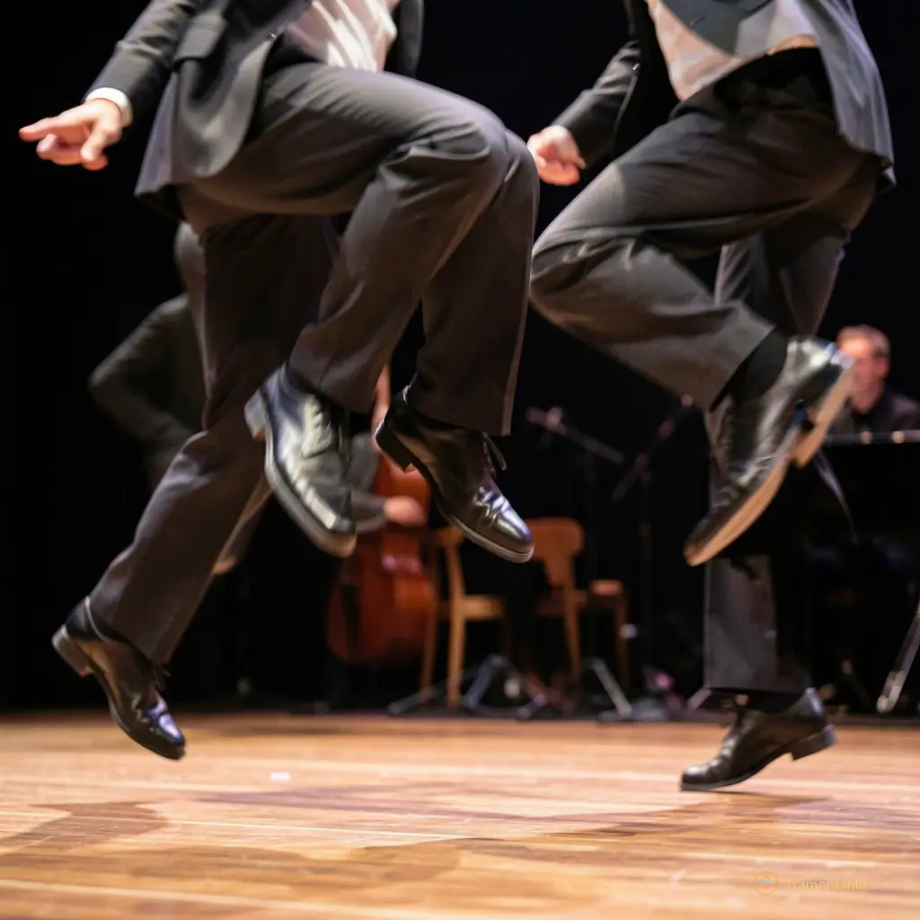 Gros plan sur les pieds des danseurs jazz en plein saut, dynamisme pur, flou de mouvement artistique
