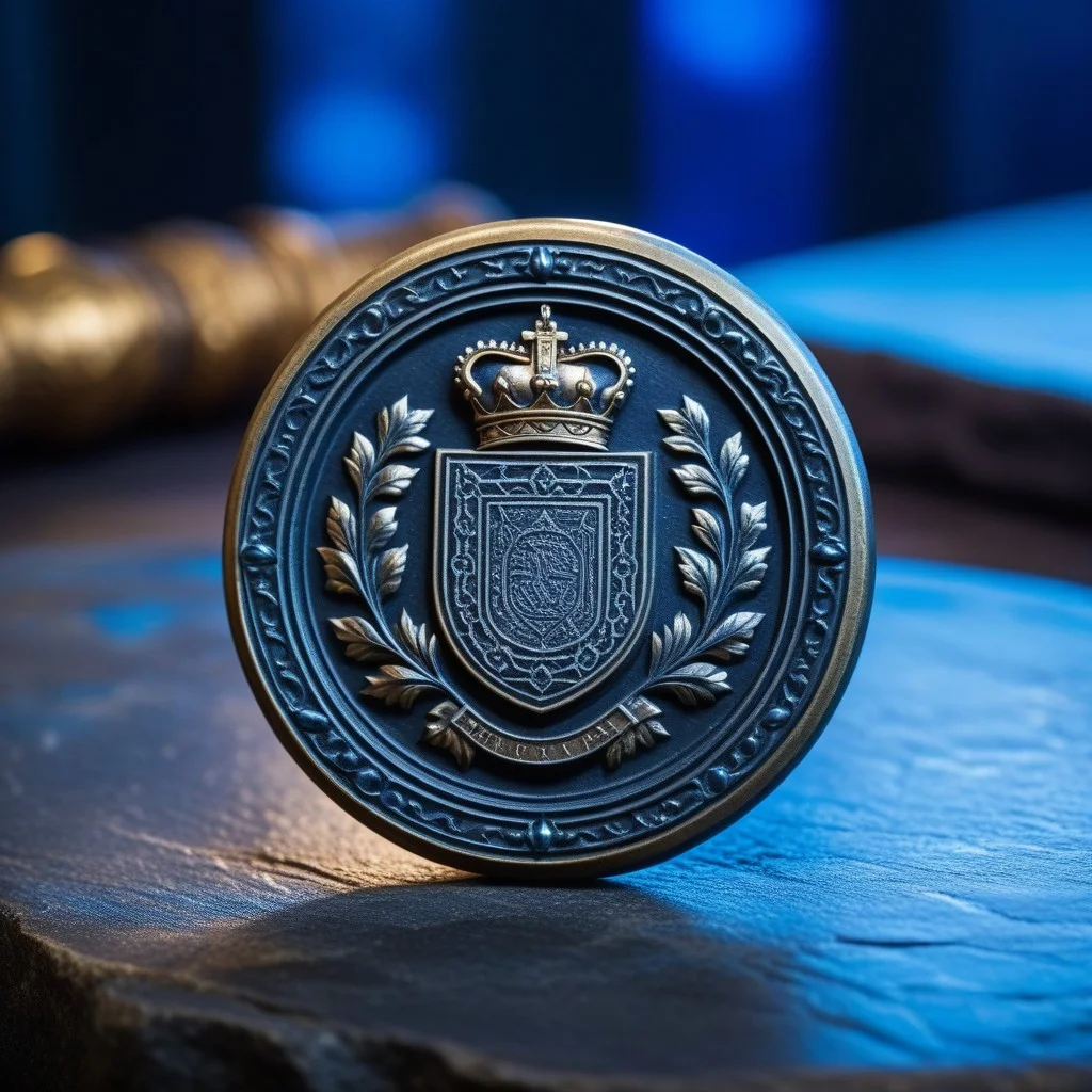 Close-up of a hand holding an old, intricate royal seal made of dark metal, resting on a rough stone table, with soft, eerie blue lighting in the background, highlighting the texture of the stone.