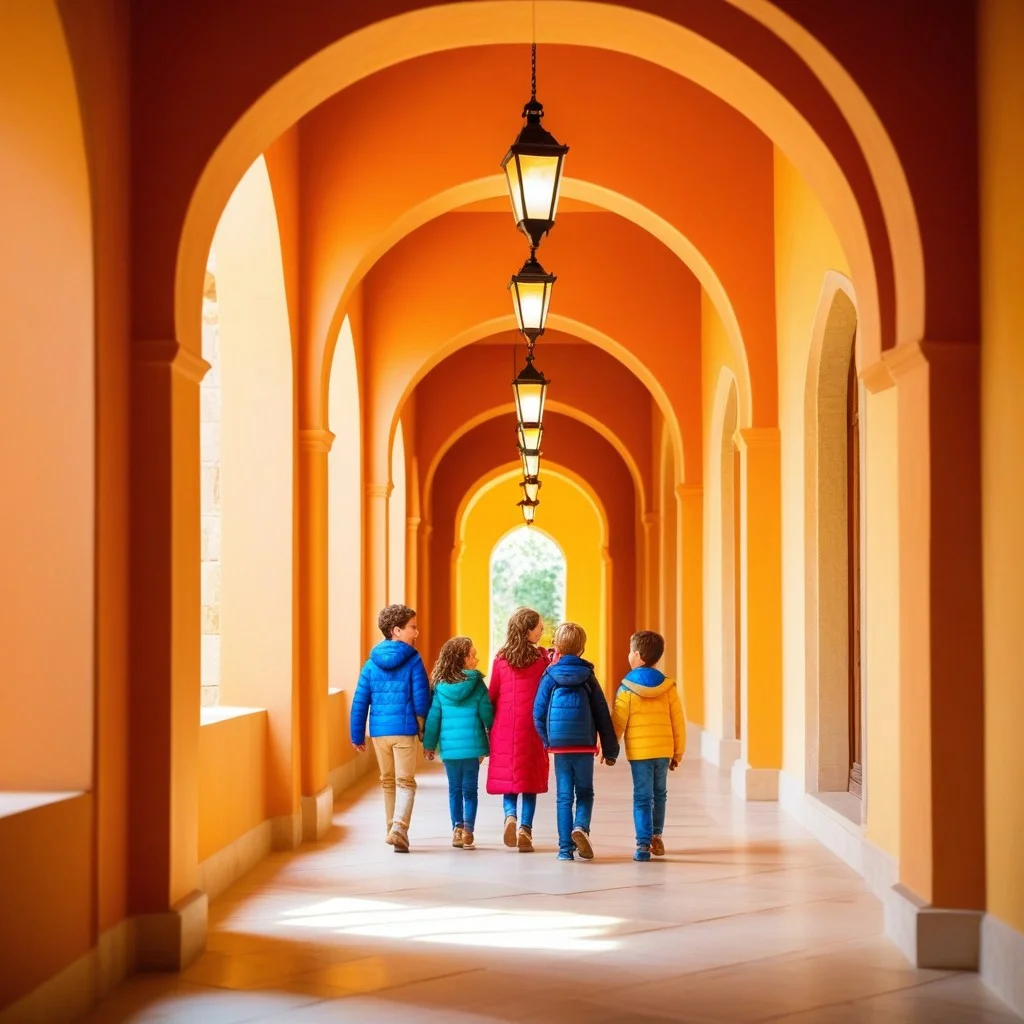 A group of children and adults walking through a narrow, archway corridor in the palace, their faces lit by the beam of a lantern, creating a sense of adventure and discovery, colorful and dynamic composition.