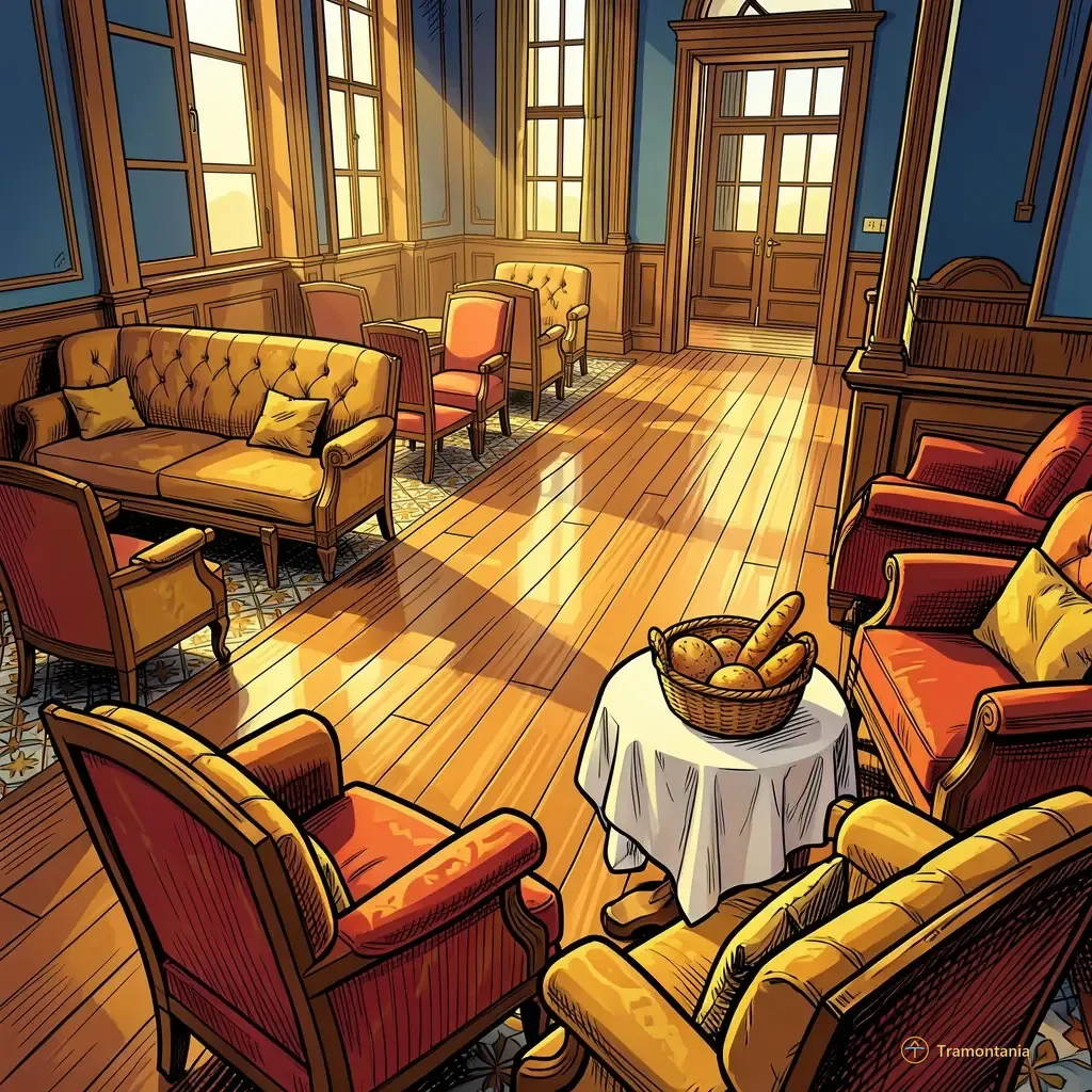 Un hall vide présente un sol en parquet lustré, une petite table dressée pour des rafraîchissements près de fauteuils confortables
