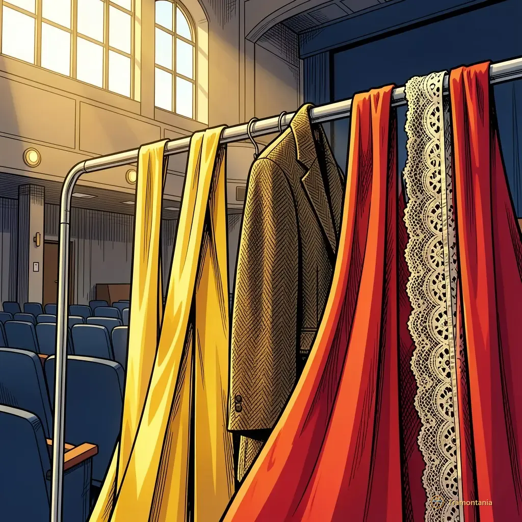 A close-up shot from a slightly low angle inside an empty theater backstage area during the day (bright afternoon light filtering through high windows). The focus is on several theatrical props and pieces of costume fabric hanging neatly on hooks or racks—a satin sash, a tweed jacket sleeve, some lace trim. There are no people visible; only the texture and colors of the prepared elements suggesting different characters' lives.