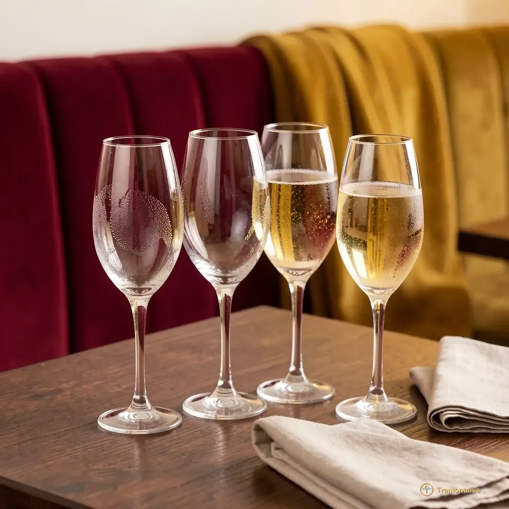 Nino, l'âne de Tramontania — Plusieurs verres à vin et flûtes de champagne sont posés sur une surface en bois sombre près de serviettes en lin pliées