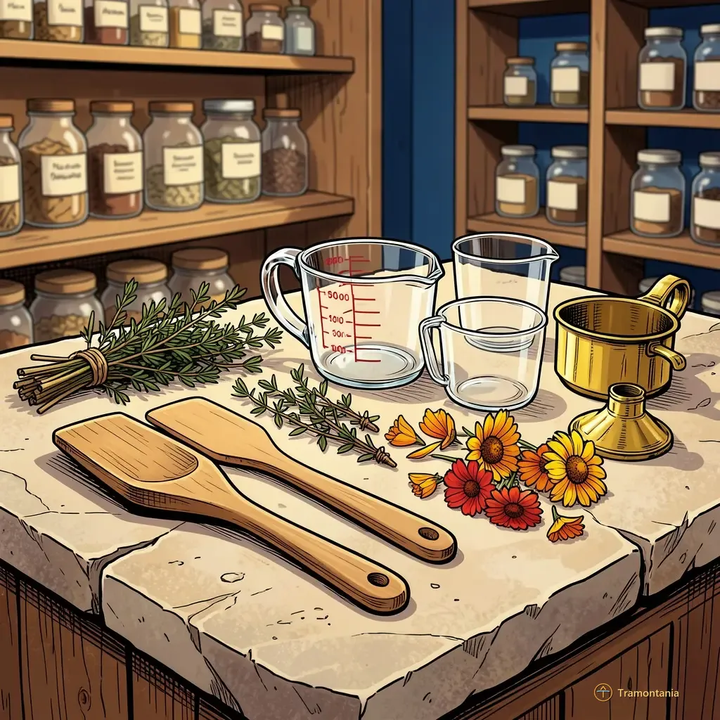 Des outils variés pour l'artisanat naturel, comme des spatules et des bocaux, reposent sur une surface en pierre rustique