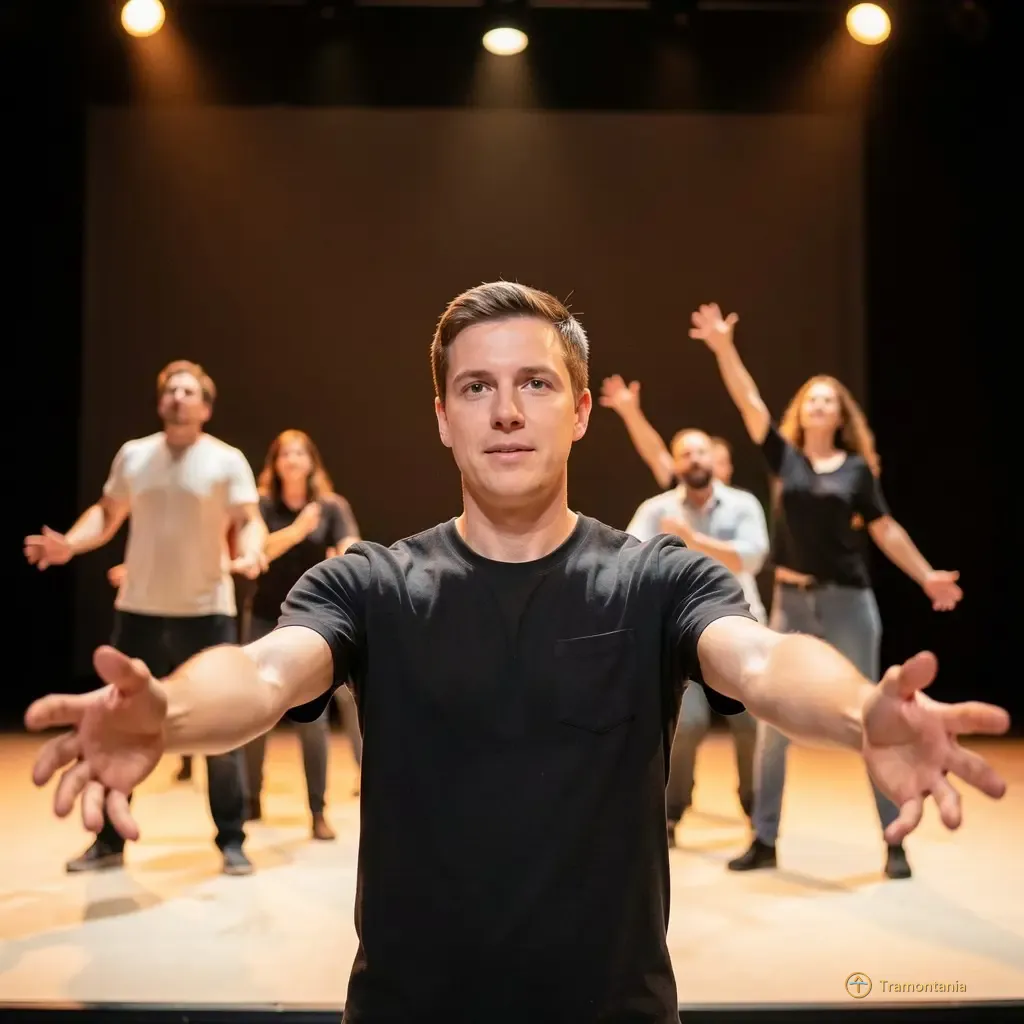 A group of performers on a stage in the Palais des congrès de Perpignan, engaged in a dynamic scene, illuminated by spotlights and warm theatrical lighting. The focus is on their expressive gestures and interaction with the set design.