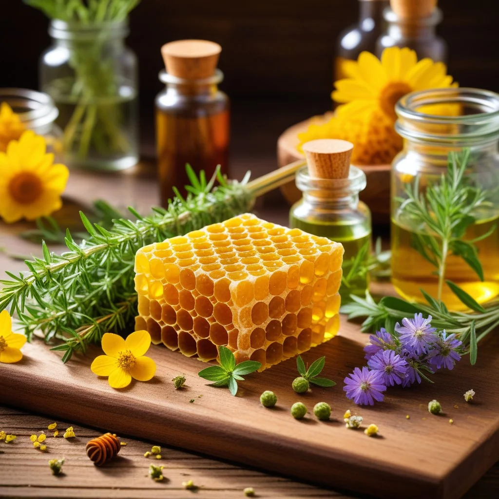 Close-up of a rustic wooden table covered with fresh medicinal herbs, bright yellow honeycomb chunks, and small glass vials of Bach flowers, arranged in a chaotic but colorful display under warm, dramatic spotlighting.