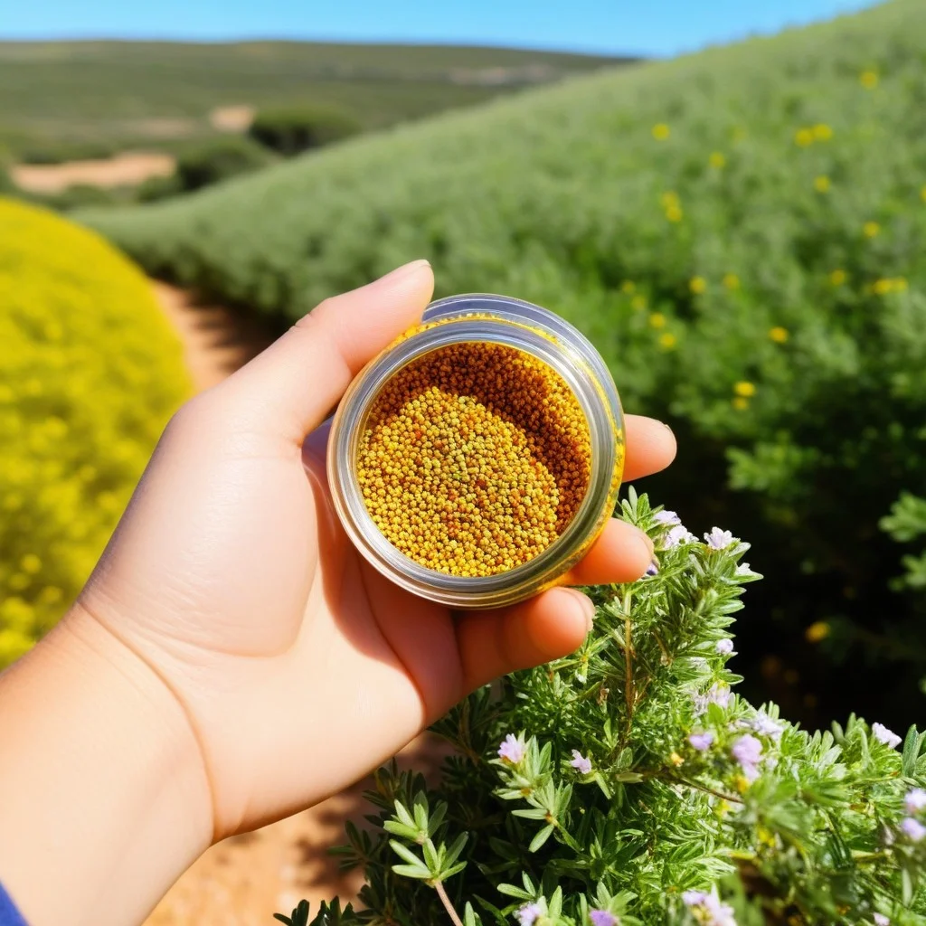 A detailed, high-contrast shot of a hand holding a sprig of wild thyme and a small jar of bee pollen, with a blurred background of green garrigue bushes, emphasizing texture and natural vitality.