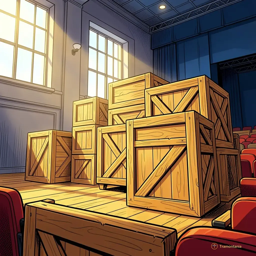 Low angle shot looking up at a series of stacked wooden crates and stage equipment waiting in the wings of an indoor venue, viewed from slightly behind where the audience would sit. The light is bright morning daylight streaming through side windows onto the polished wood grain of the materials; no people are visible on or around the gear.