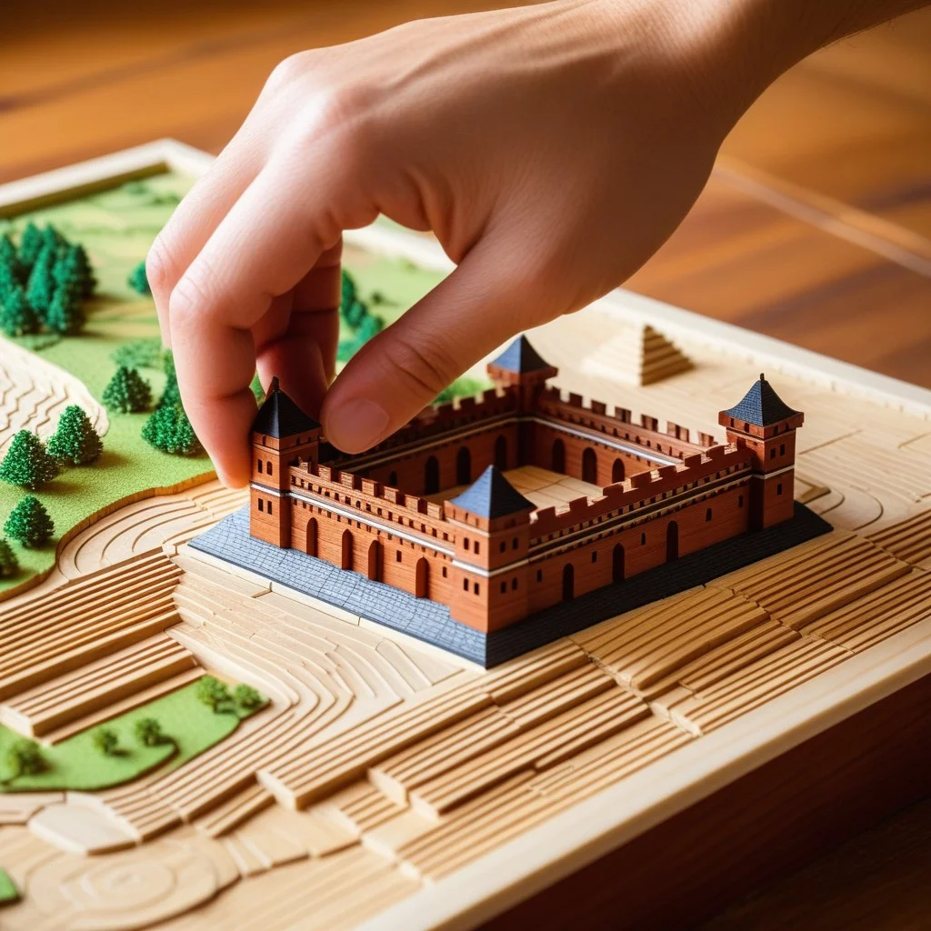 A close-up view of a hand gently touching the edge of a miniature wooden fortress on a relief map, focusing on the intricate details of the brickwork and the soft, natural light reflecting off the polished wood surface.